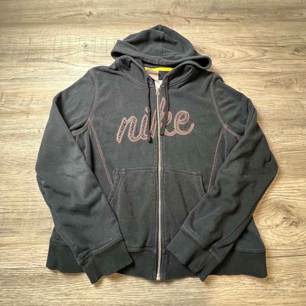 Nike Zip Hoodie Girls XL Black Embroidered Script Logo Contrast Stitch Fleece